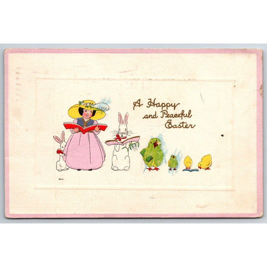 Easter Postcard Girl Rabbit Bird Baby Chick Choir Emb. PM 1917