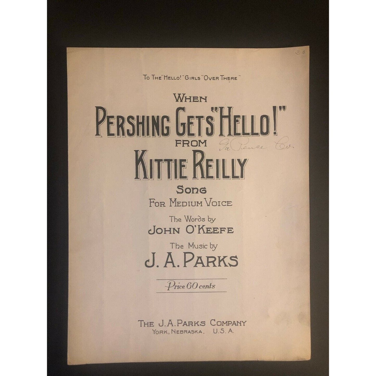 Scarce Vintage 1918 Sheet Music "When Pershing Gets "Hello!" Kittie Reilly