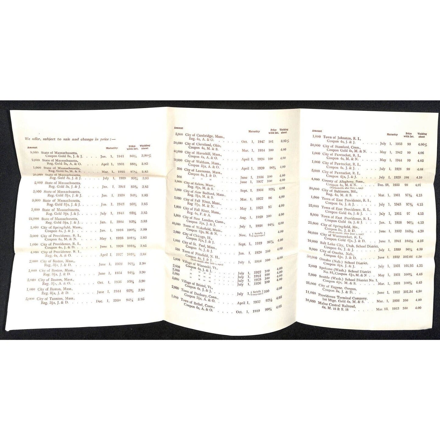 Newburgh, ME Amos W. Knowlton* 1912 Merrill, Oldham Boston Stock Bond List Sheet