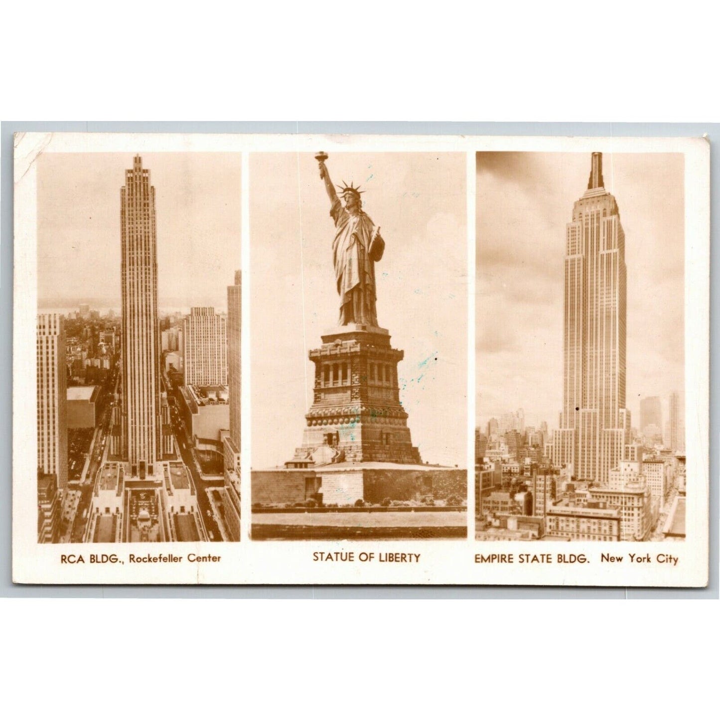 Vintage c1939 RPPC Postcard RCA Building, Statue of Liberty & Empire State Bldg.
