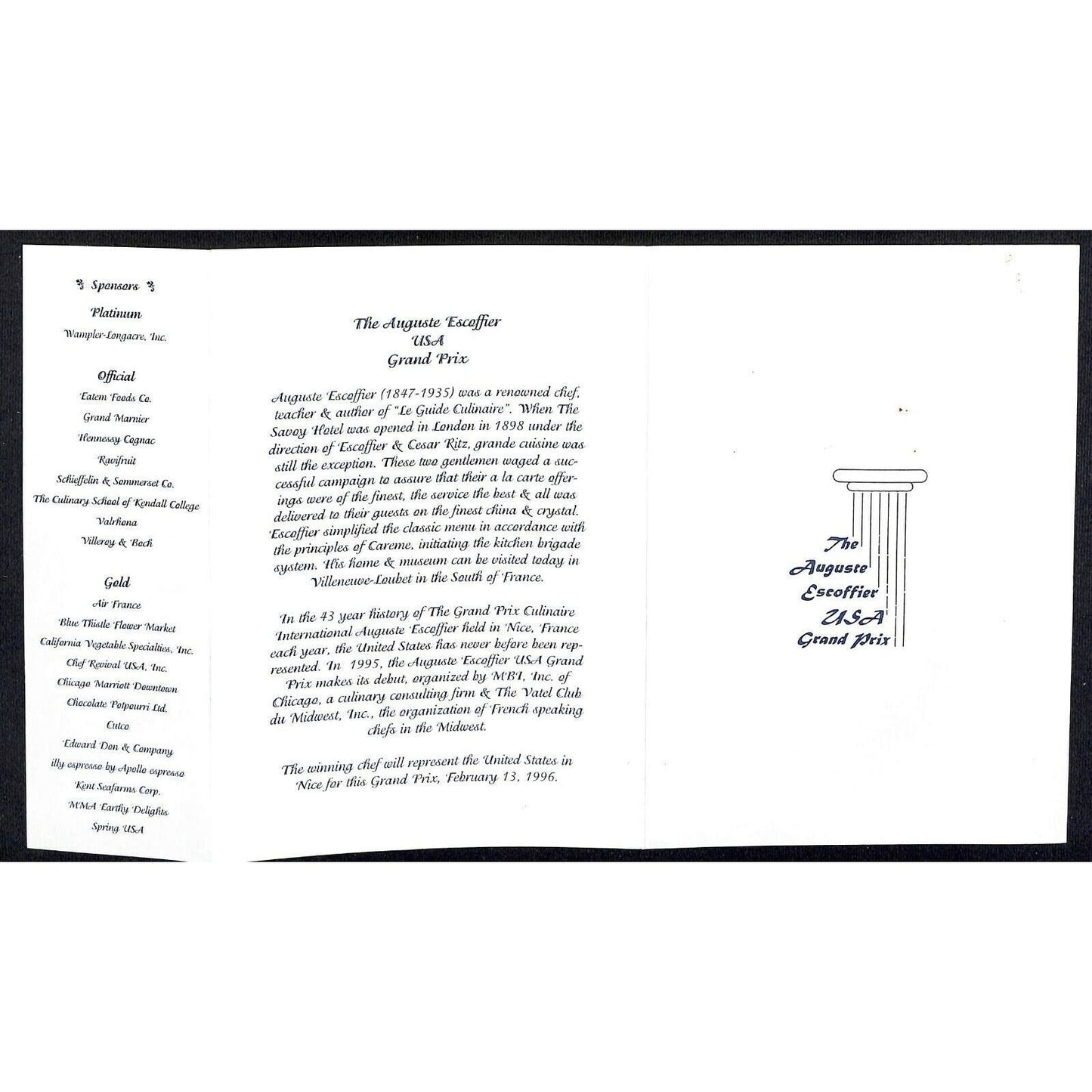 1995 The Auguste Escoffier US Grand Prix Gala Dinner Menu Hotel Nikko Chicago