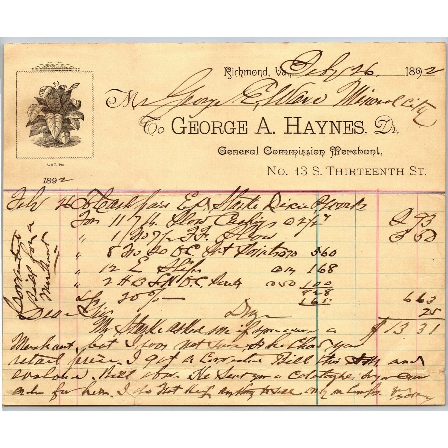 George A. Haynes General Merchant Richmond, VA Letterhead to Geo. E. Wear 1892