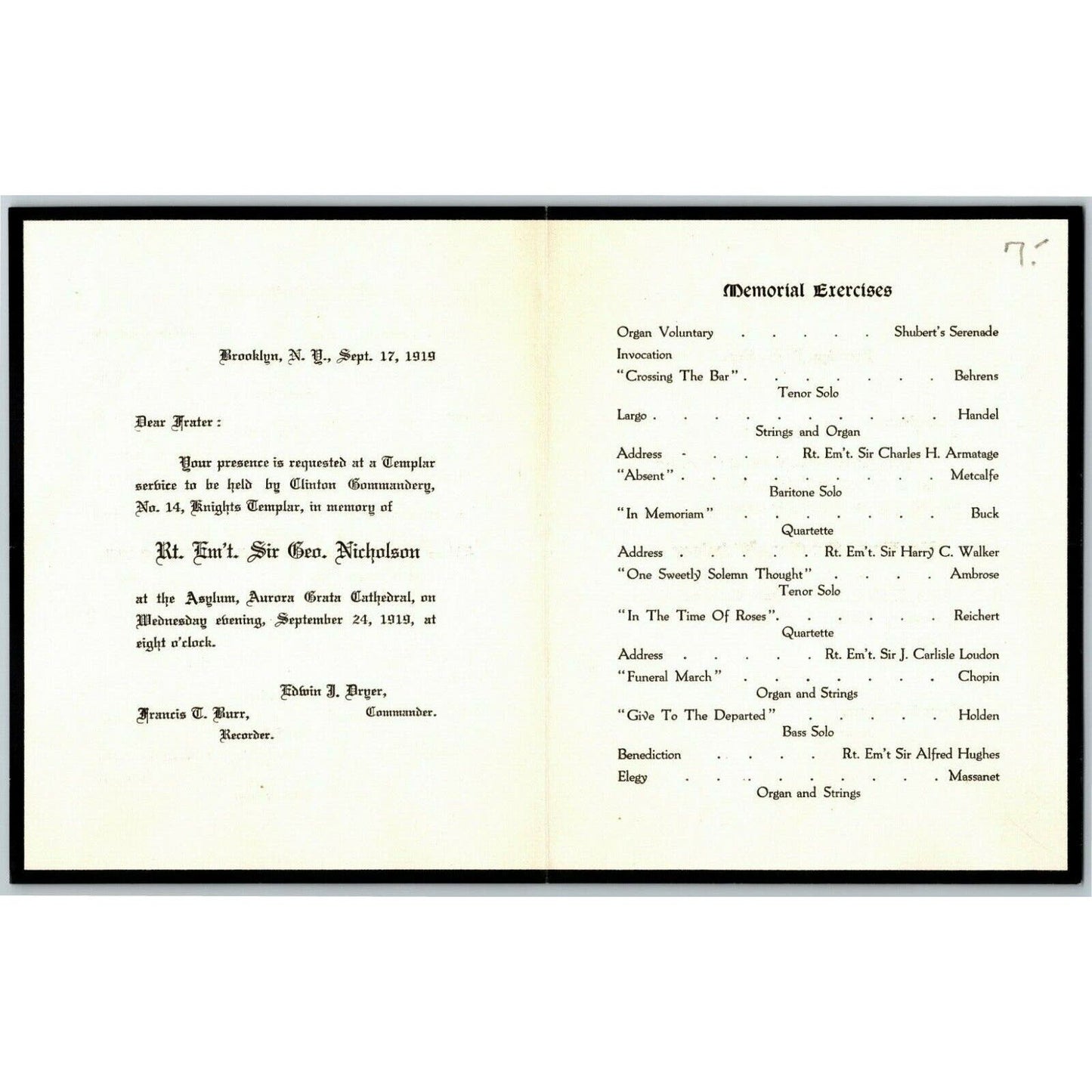 Brooklyn, NY 1919 Knights Templar Memorial Invite & Program Sir George Nicholson