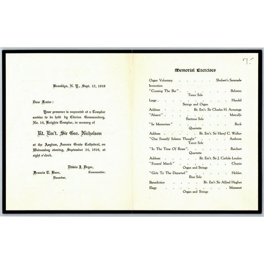 Brooklyn, NY 1919 Knights Templar Memorial Invite & Program Sir George Nicholson