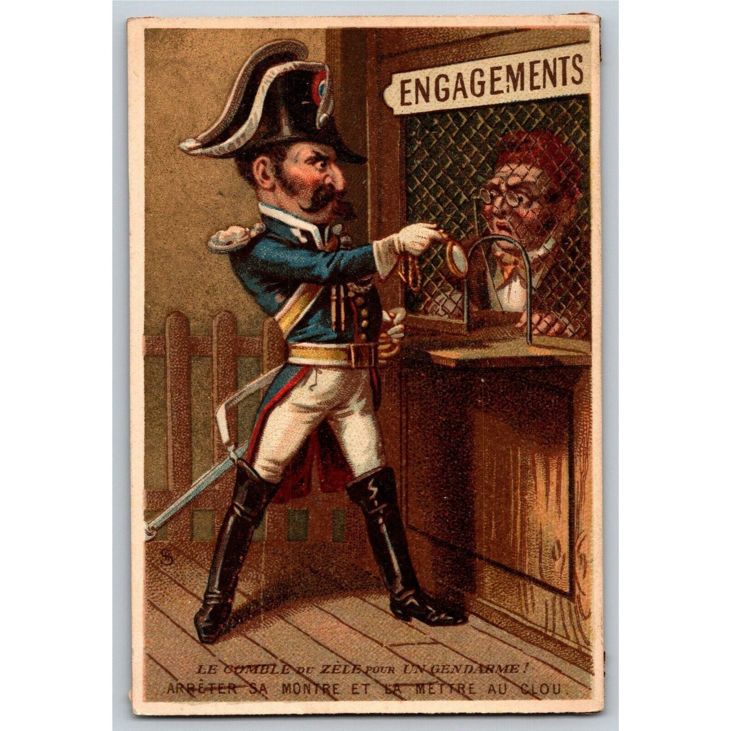 French Victorian Trade Card - Le comble du zèle pour un policier