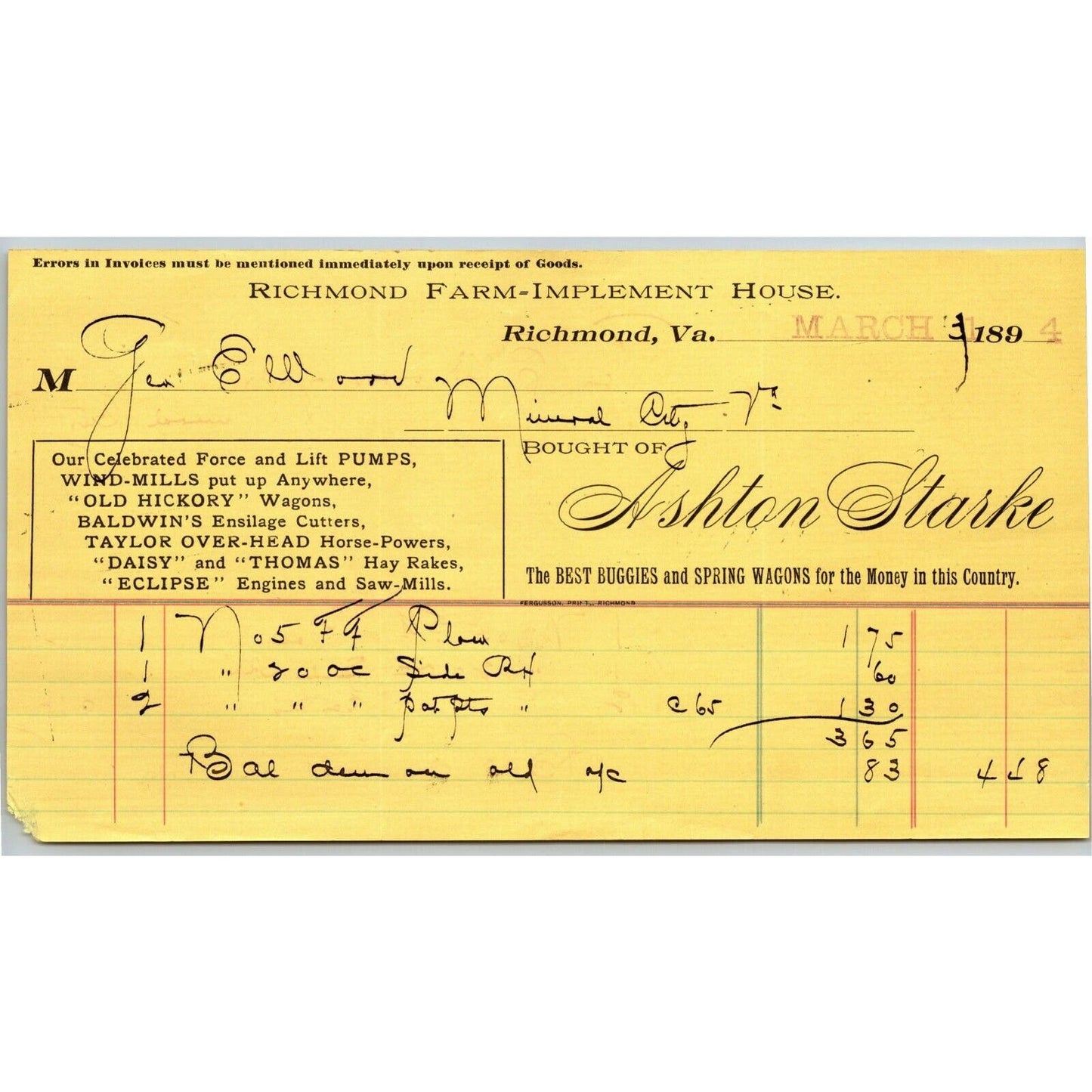 Ashton Starke Buggies and Wagons Richmond, VA Letterhead to Geo. E. Wear 1894