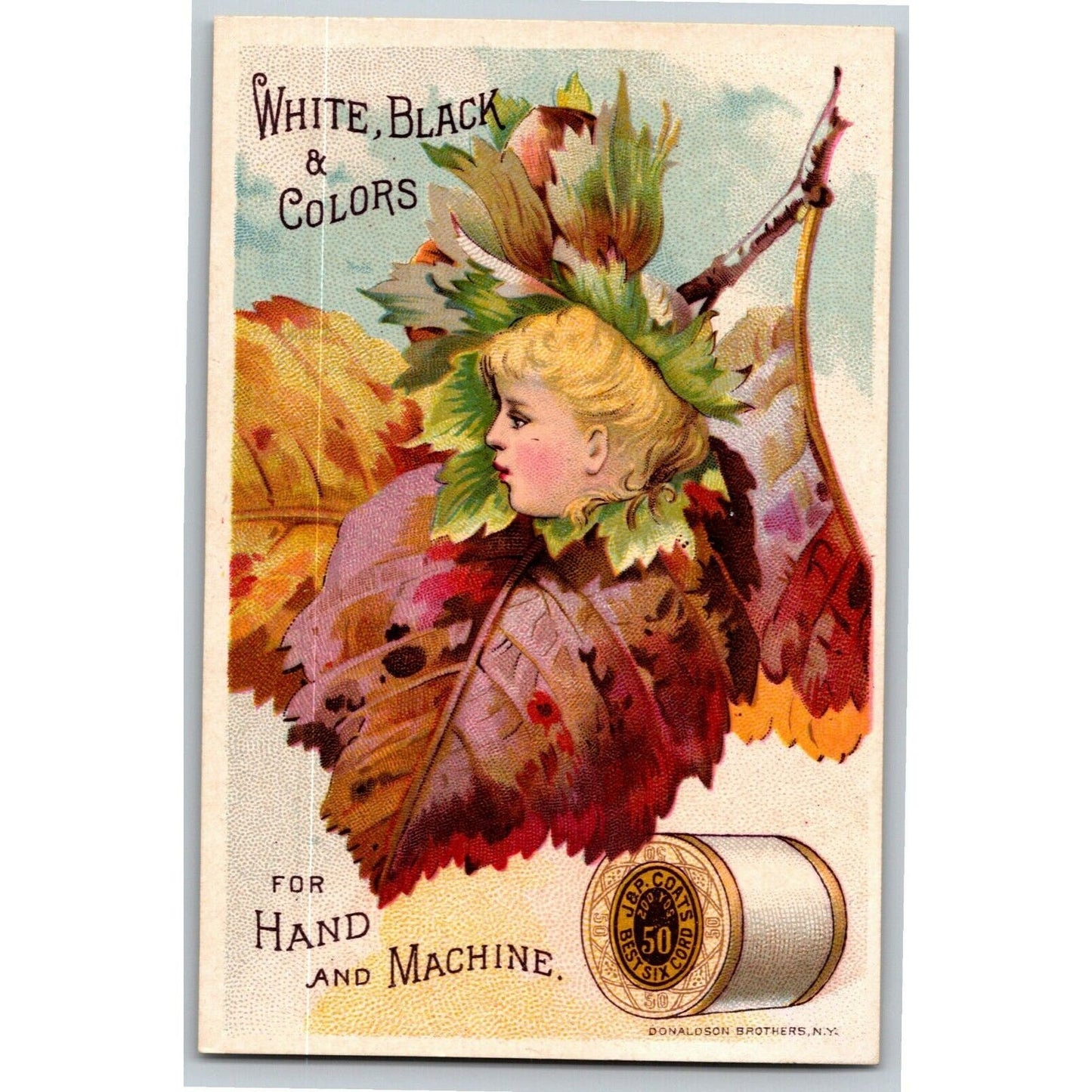 Victorian Trade Card J & P Coats Thread - Child's Head in Flower / Leaf