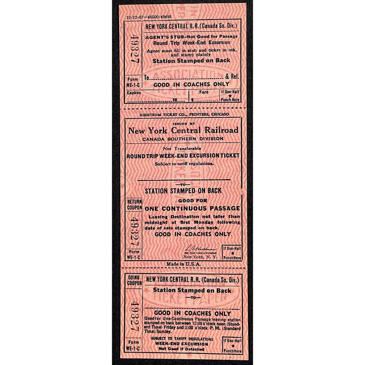 New York Central Railroad RR Canada Unused SAMPLE Excursion Ticket c1967 #49327