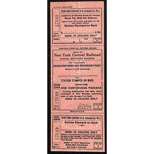 New York Central Railroad RR Canada Unused SAMPLE Excursion Ticket c1967 #49327