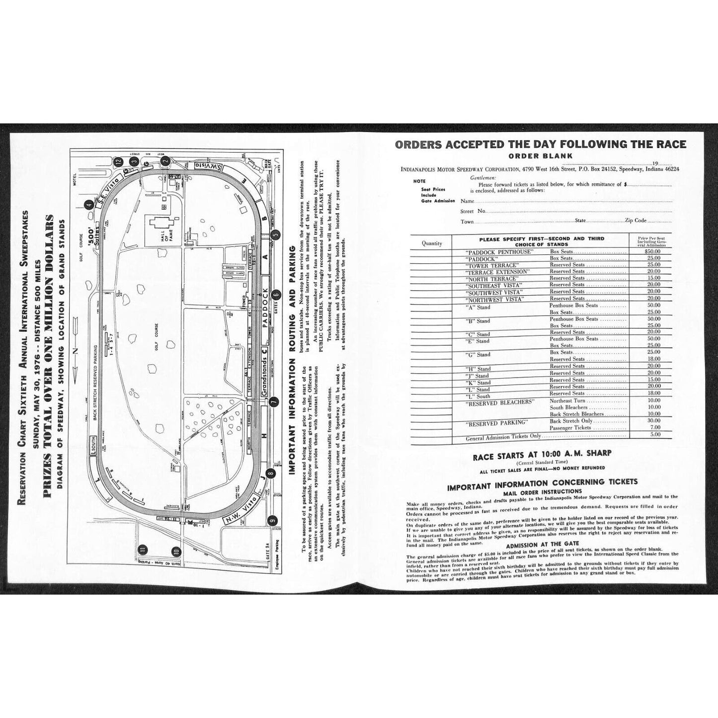 1976 Indy 500 Indianapolis IMS Unused Ticket Info Order Form Sheet w/ Map Scarce
