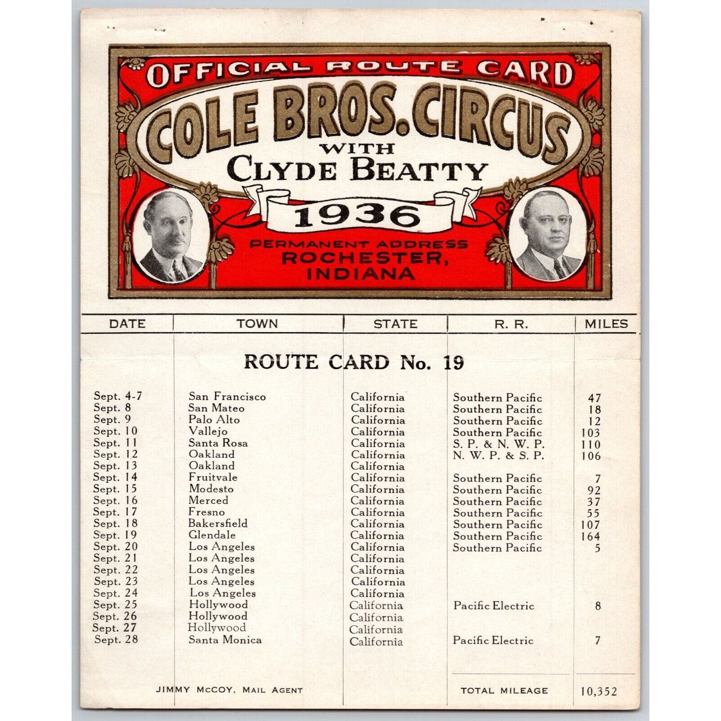1936 Cole Bros with Clyde Beatty Circus Route Card - Several CA Stops