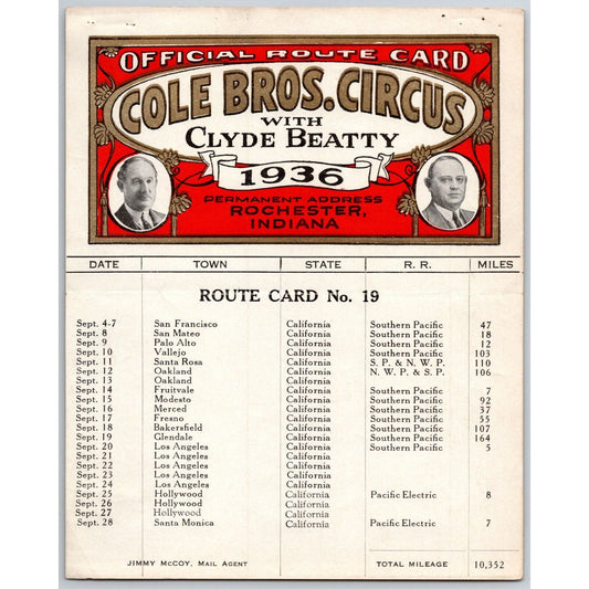 1936 Cole Bros with Clyde Beatty Circus Route Card - Several CA Stops