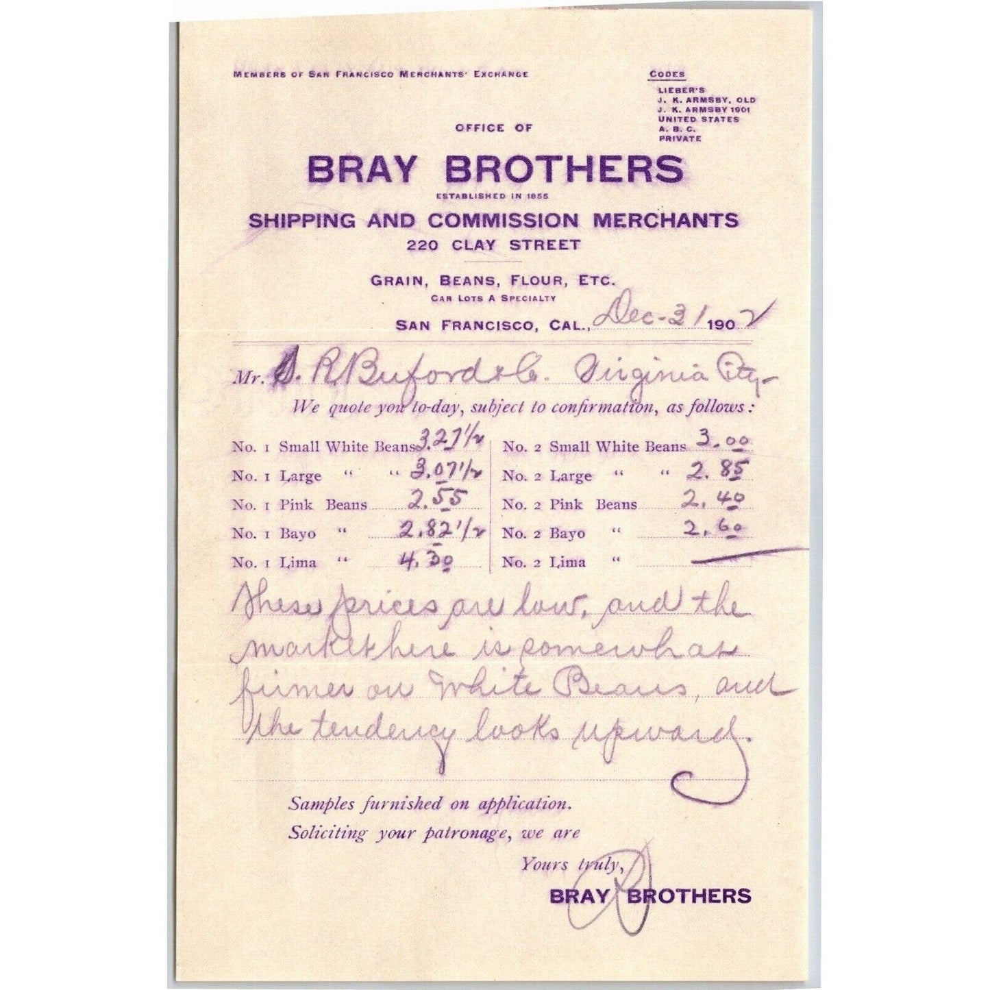 1902 Bray Brothers San Francisco Fruit Letterhead Billhead - S.R. Buford Montana