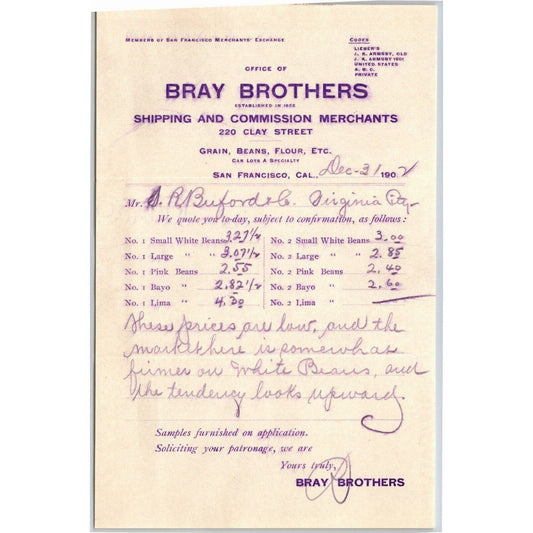 1902 Bray Brothers San Francisco Fruit Letterhead Billhead - S.R. Buford Montana