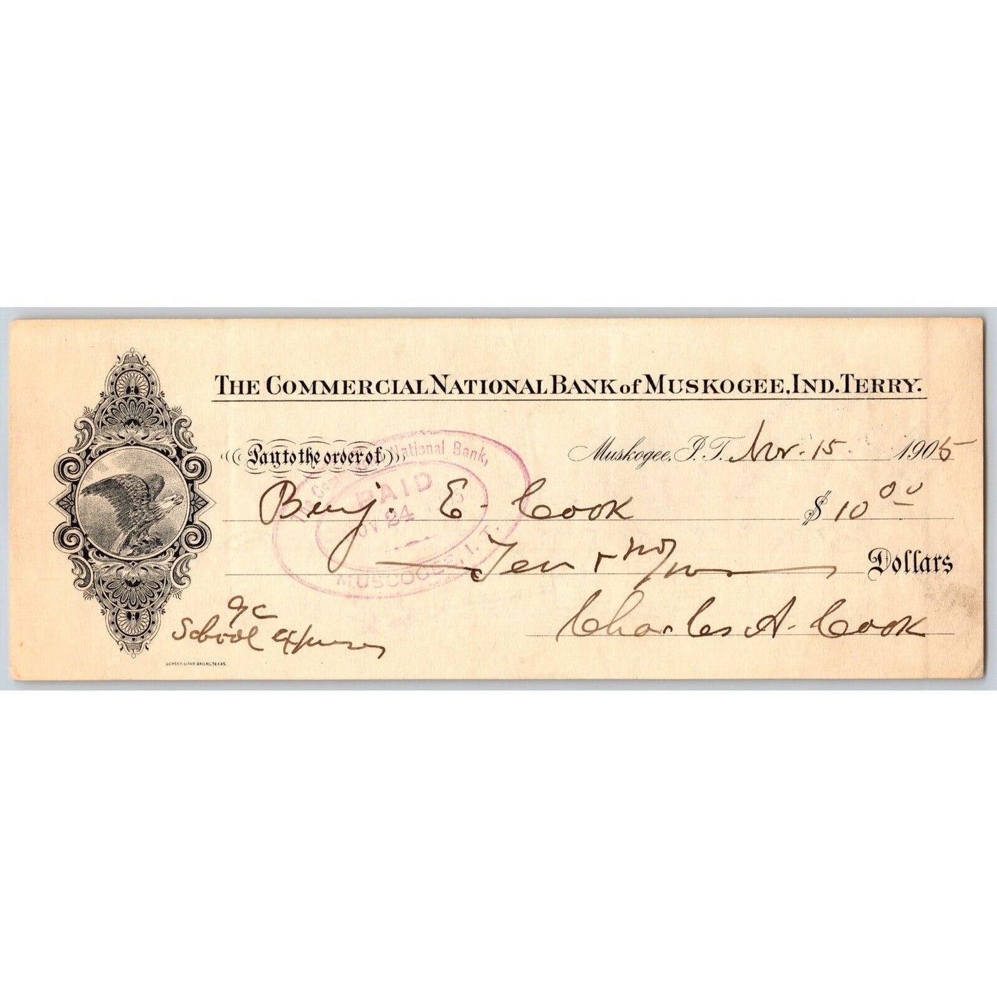 Muskogee, OK 1905 Indian Territory $10 Commercial National Bank Check - Scarce