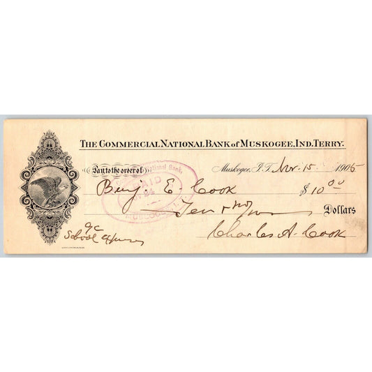 Muskogee, OK 1905 Indian Territory $10 Commercial National Bank Check - Scarce
