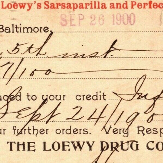 1900 Adv. Payment Conf. Postcard Loewy Drug Co. Cough Syrup Baltimore E. Baker*