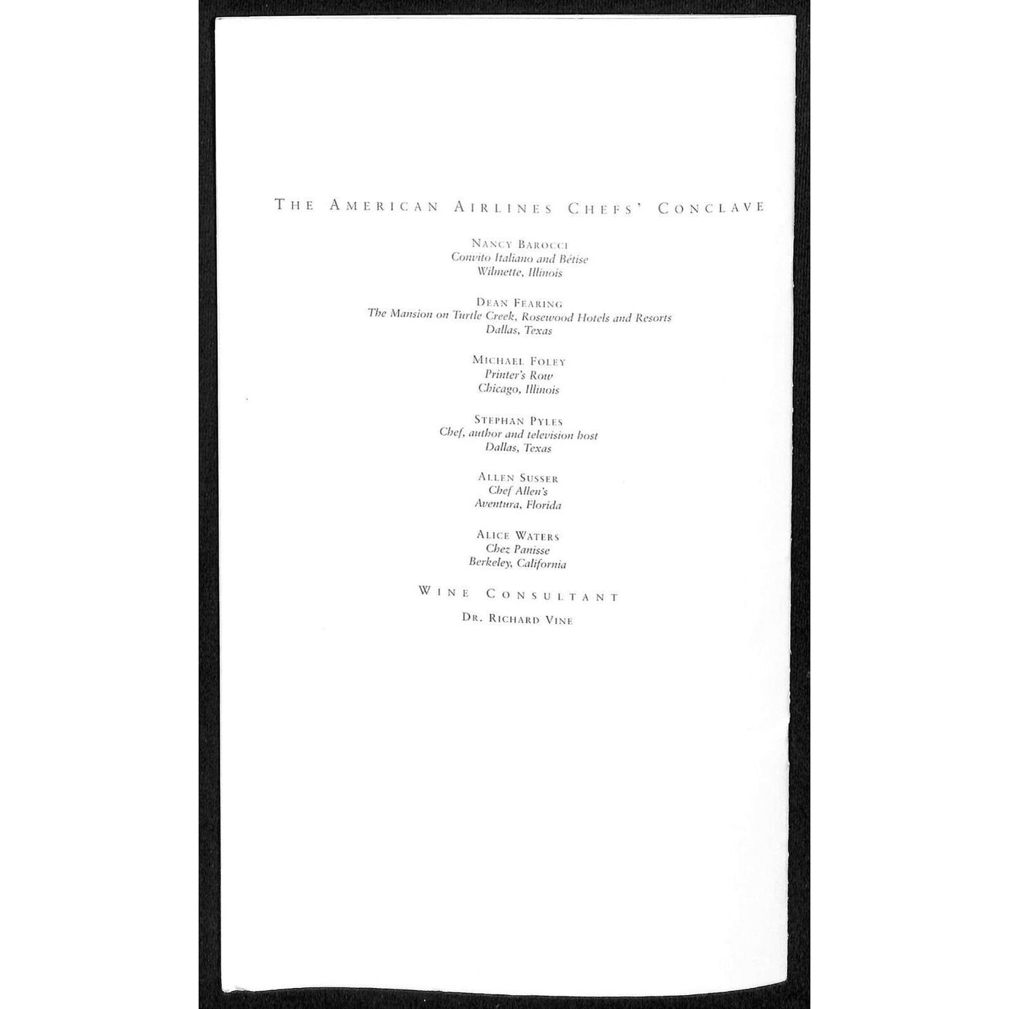 2004 American Airlines First Class Lunch Wine Menu w/ Anne Von Ehr Michigan Sky
