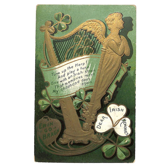 Ireland Postcard "Erin Go Bragh" Clovers Harp Gilt Emb./ Boston, MASS PM 1909