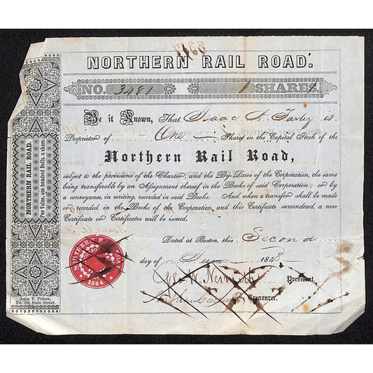 1848 Boston, MA Northern Railroad Stock Certificate No. 3481 for 1 Share