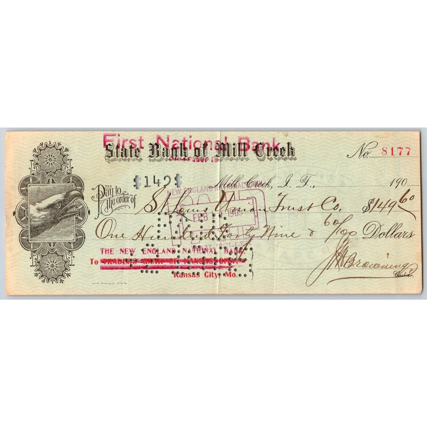 Mill Creek, OK 1905 Indian Territory Bank Check w/ Eagle Head