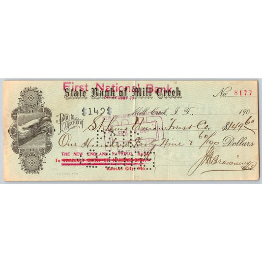Mill Creek, OK 1905 Indian Territory Bank Check w/ Eagle Head