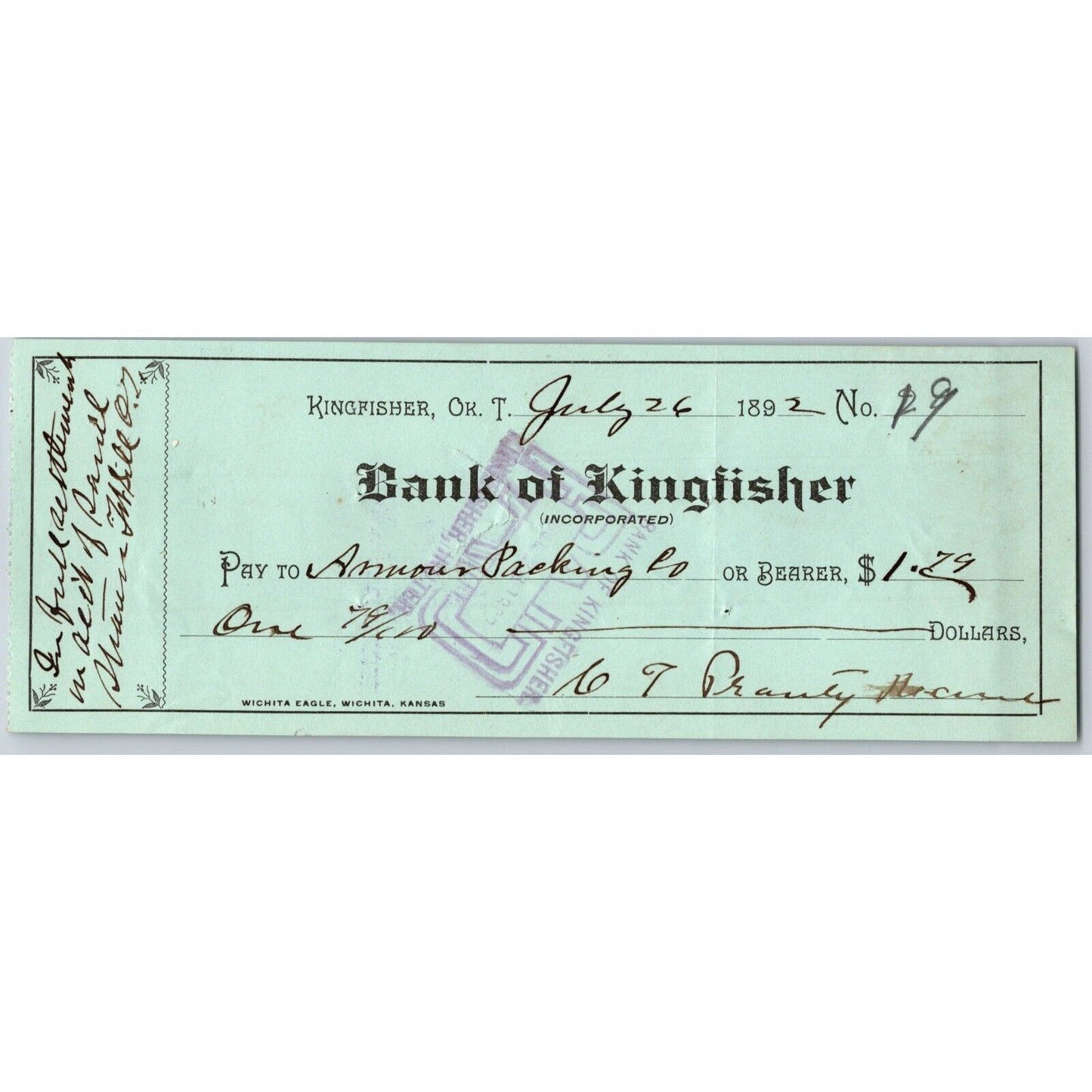 Kingfisher, Oklahoma Territorial 1892 Armour Packing Co. Bank Check Scarce