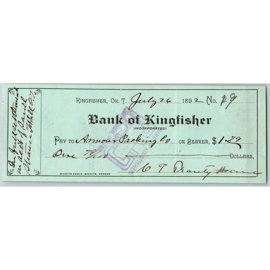 Kingfisher, Oklahoma Territorial 1892 Armour Packing Co. Bank Check Scarce
