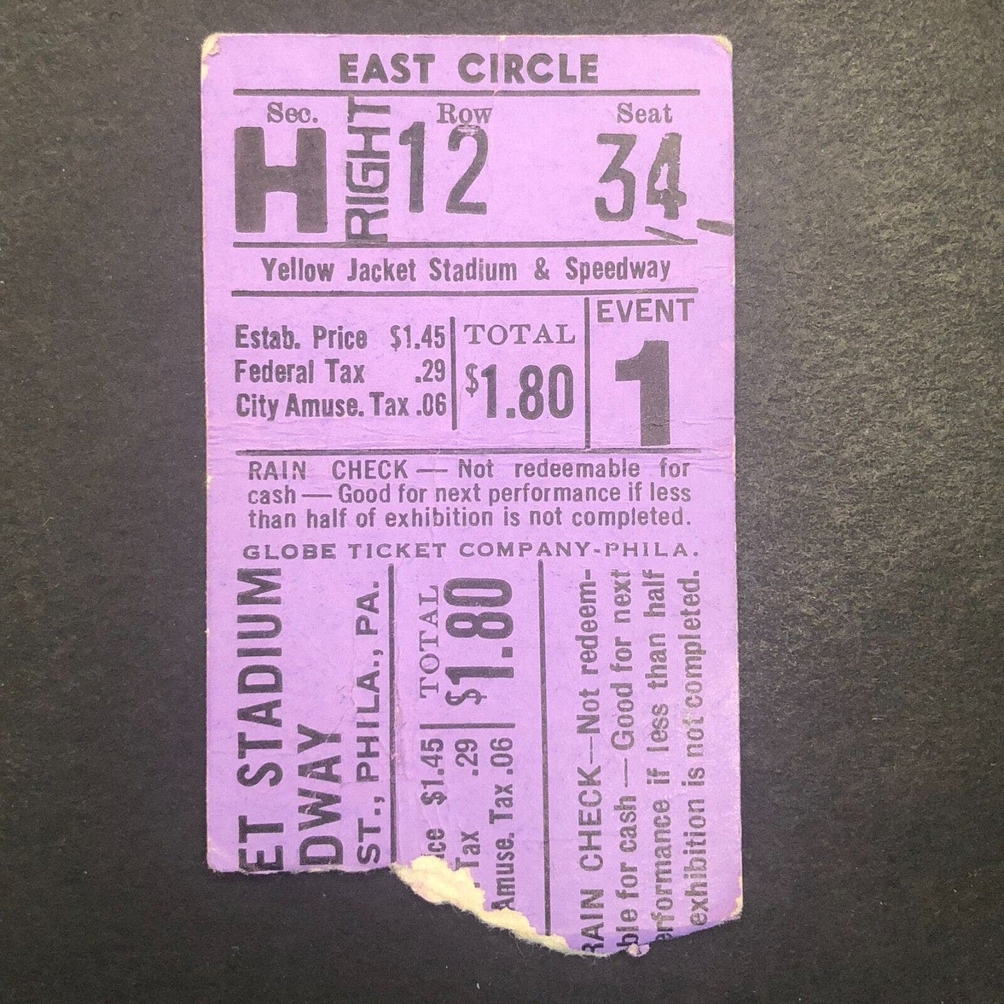 Auto Racing Ticket 1948 Stub Yellow Jacket Stadium Philadelphia Joe Garson