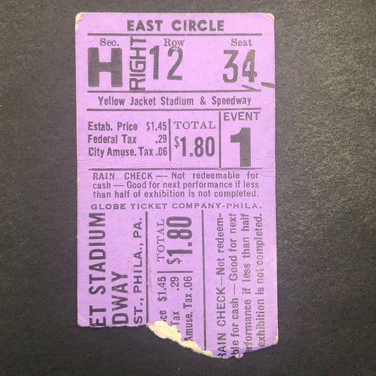 Auto Racing Ticket 1948 Stub Yellow Jacket Stadium Philadelphia Joe Garson