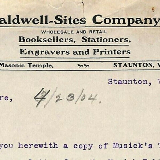 1904 Scarce Caldwell-Sites Booksellers Printer Letterhead Billhead Staunton, VA