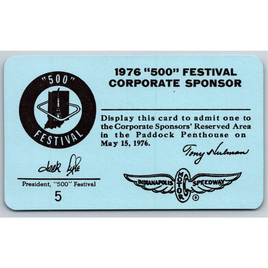 1976 Indy "500 Festival" Corporate Sponsor Penthouse Ticket Pass Card IMS #5 VGC