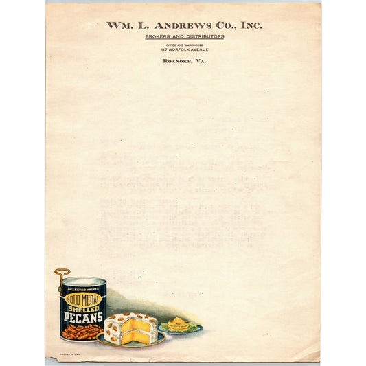 1929 Scarce Wm. L. Andrews Gold Medal Shelled Pecans Roanoke, VA Letterhead
