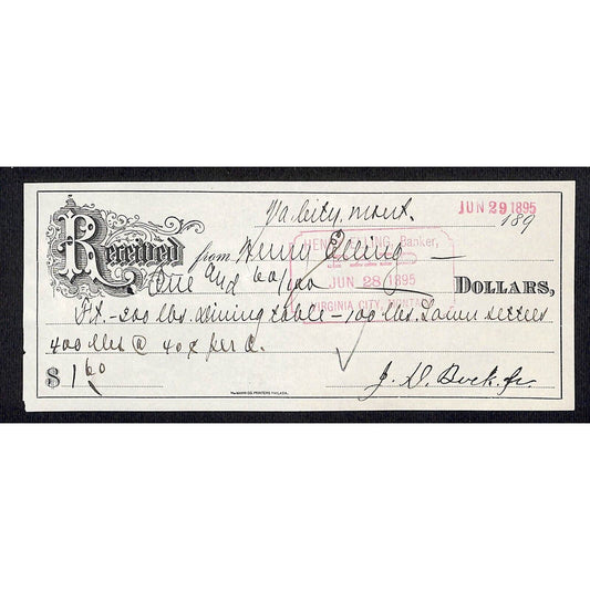 Virginia City Montana Henry Elling 1895 (Freight?) Payment Receipt