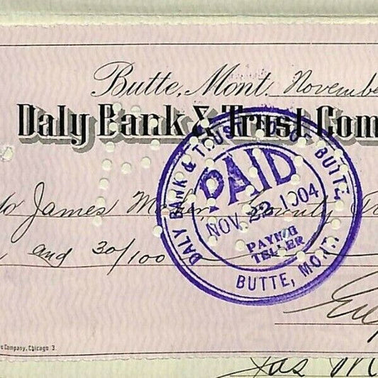 1904 Check Daly Bank Trust of Butte, MT Eugene Carroll - Silver Bow Tax Receipt