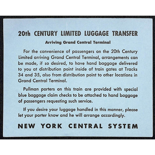 20th Century Limited Luggage Transfer Info Card - Grand Central Terminal c1940's