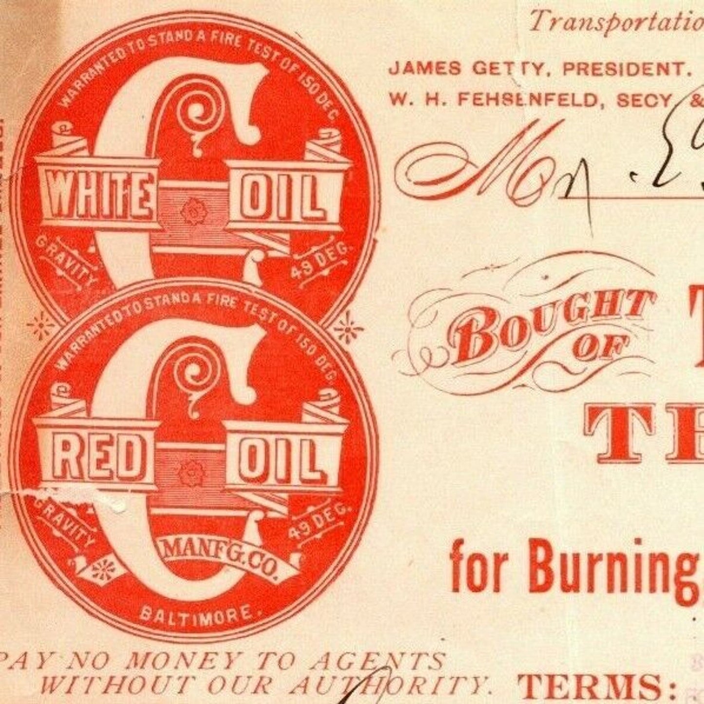 1897 Letterhead Bill Statement Red "C" Oil Mfg. Co. Baltimore - Ephraim Baker*