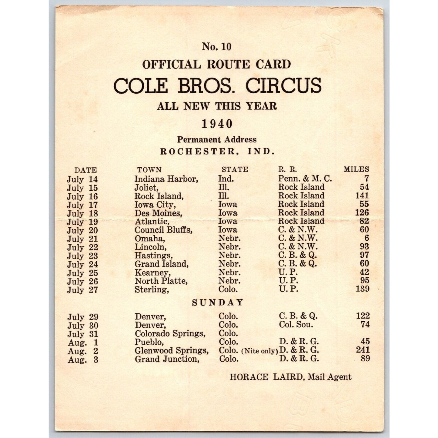 1940 Cole Bros Circus Route Card IN IL IA NE CO