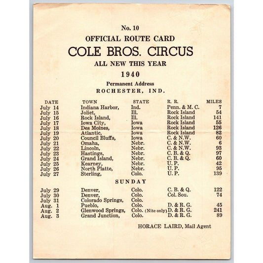 1940 Cole Bros Circus Route Card IN IL IA NE CO