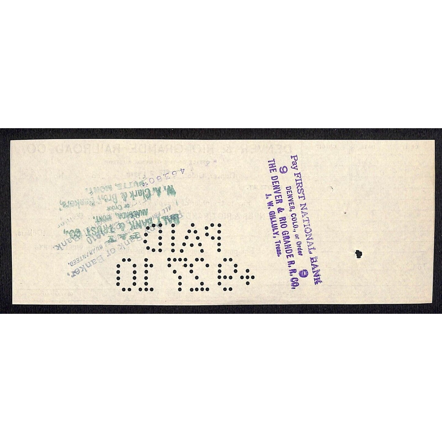 Denver Rio Grande Railroad 1910 Bank Check to Butte, Anaconda & Pacific RR BAP
