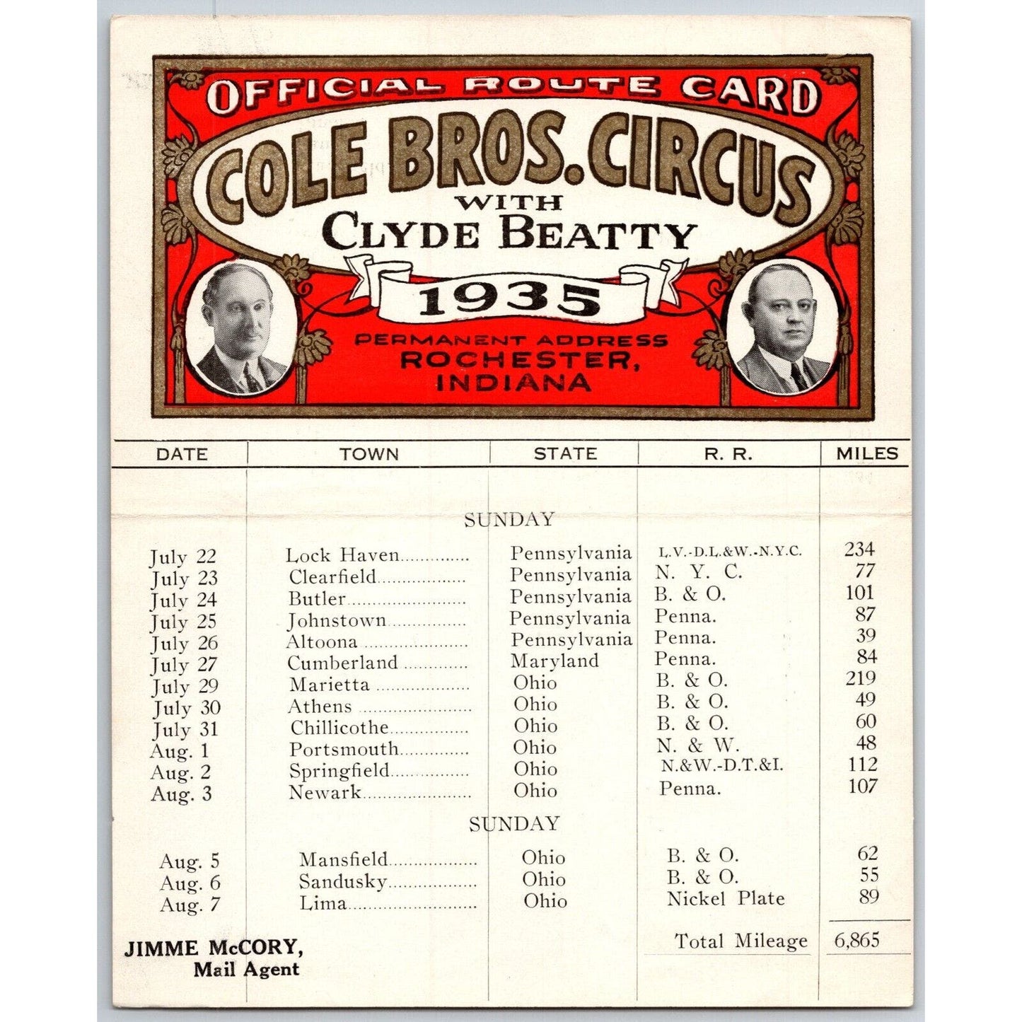 1935 Cole Bros with Clyde Beatty Circus Route Card PA OH MD VA