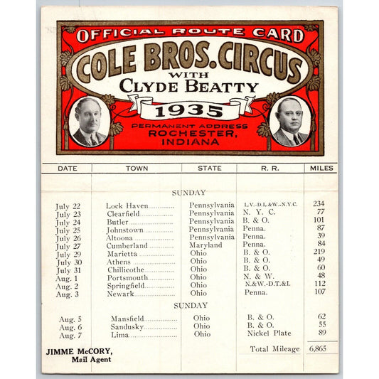 1935 Cole Bros with Clyde Beatty Circus Route Card PA OH MD VA