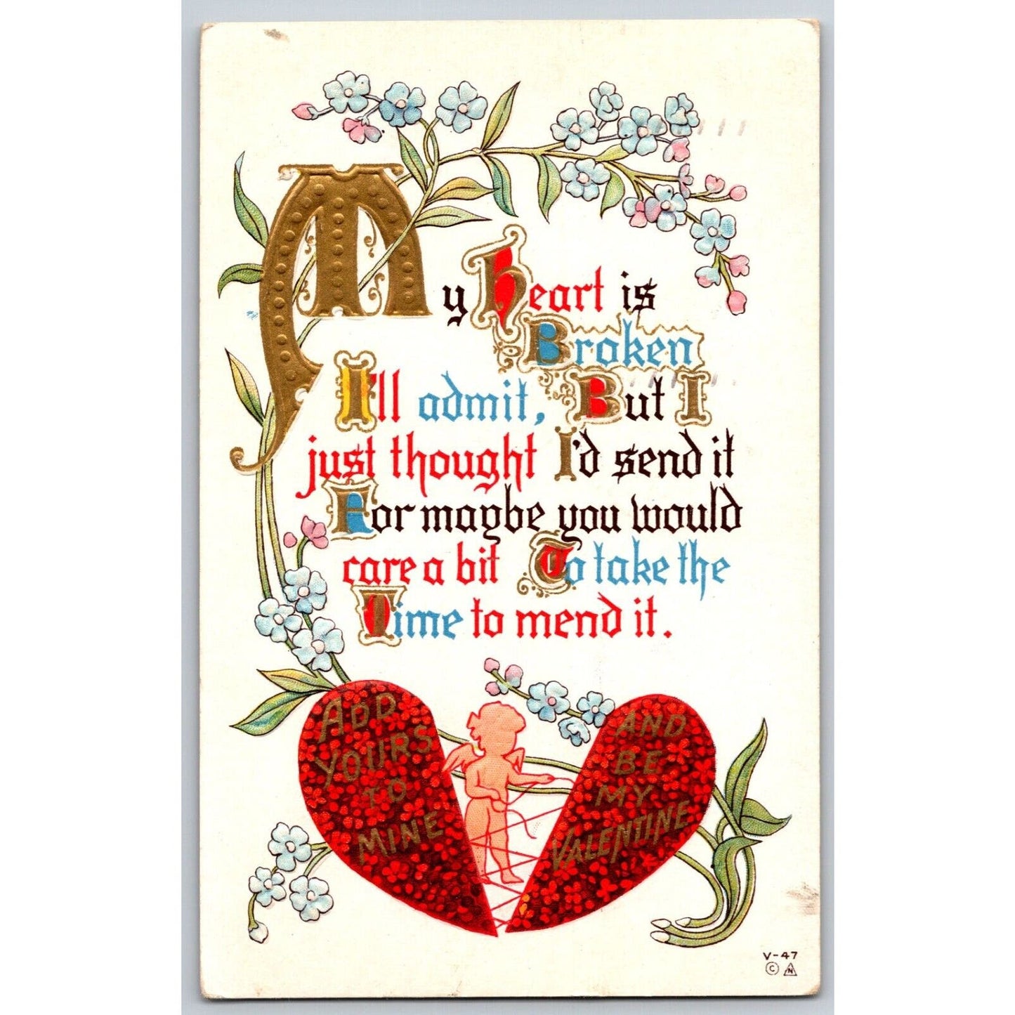 Valentine's Day Postcard "My Heart is Broken.." Embossed w/ Gilt PM c1913 VGC