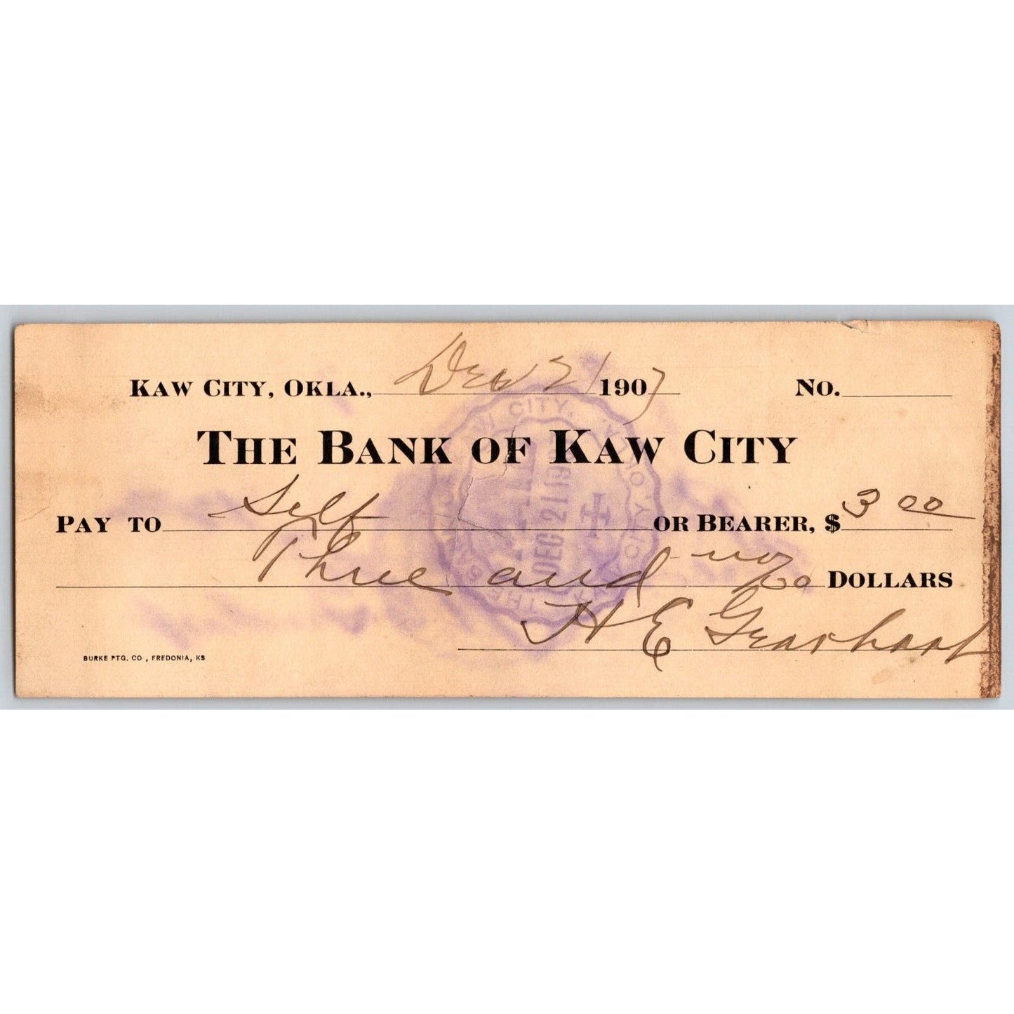 Kaw City Oklahoma 1907 "Bank of Kaw City" $3 Check - Scarce