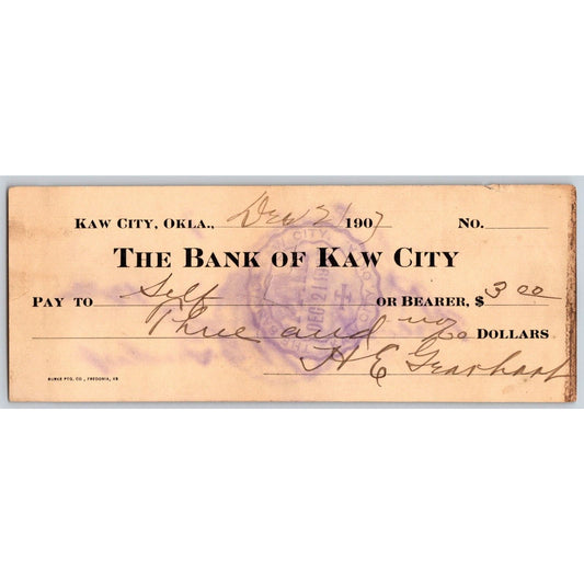 Kaw City Oklahoma 1907 "Bank of Kaw City" $3 Check - Scarce