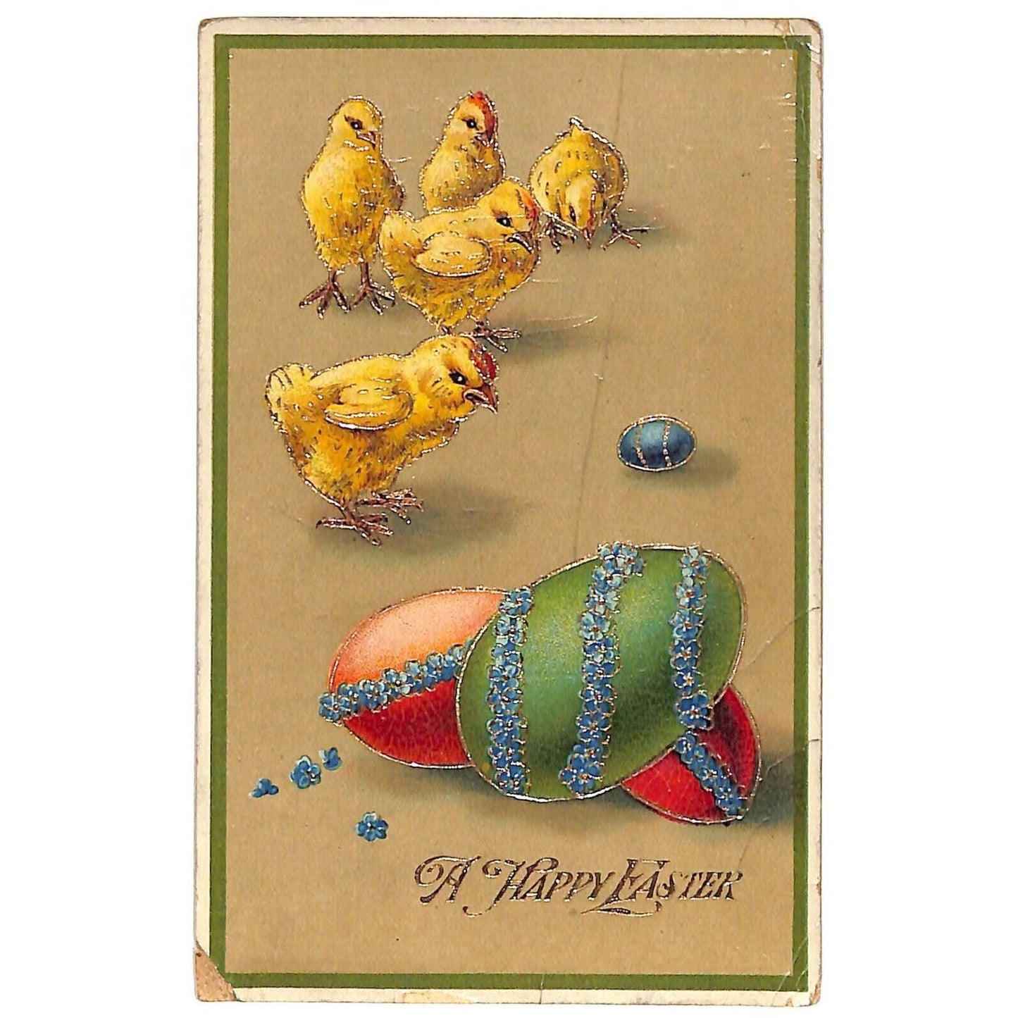 Easter Postcard "A Happy Easter" Gold Pained Eggs Baby Chicks EMB. PM 1915