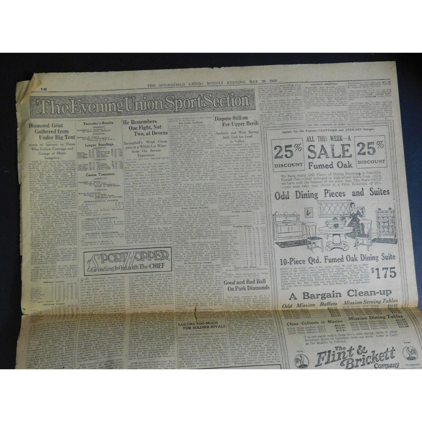 WWI Era Newspaper - The Evening Union (Springfield, MA) - May 20 1918 - 4 pgs.