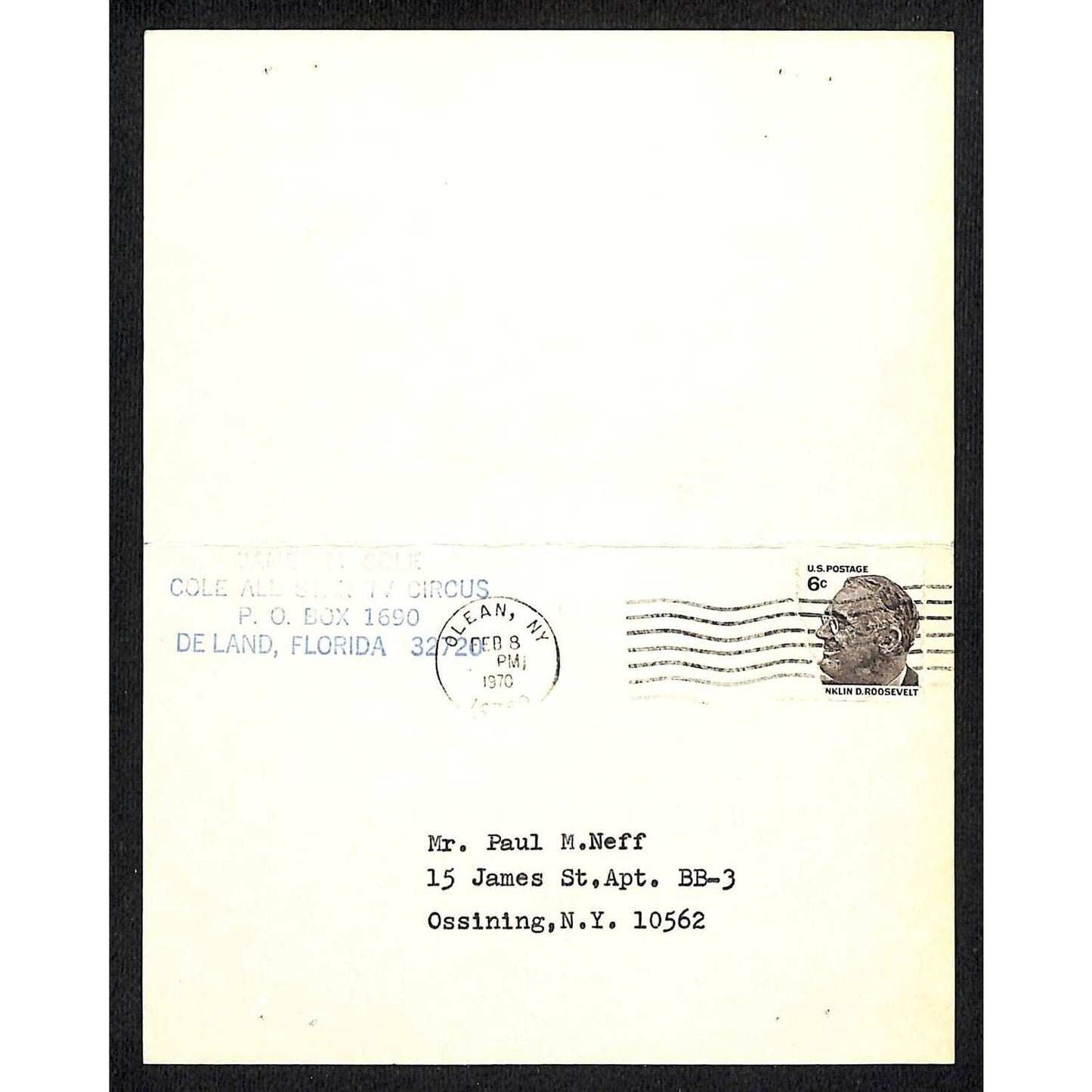Cole All-Star TV Circus 1970 Route Card Mailer - Several New York Stops