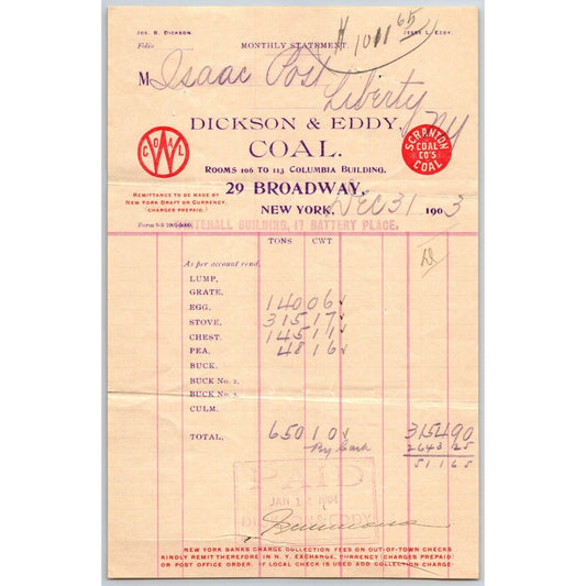 Dickson & Eddy Coal 17 Battery Place, NYC to: Isaac Post Dec 31 1903 Billhead