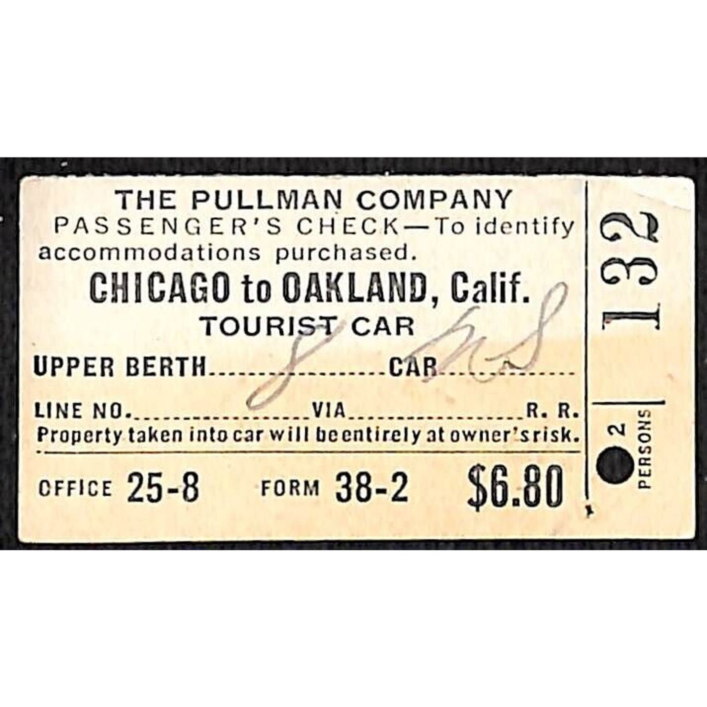 Pullman Company 1937 Railroad Ticket Chicago to Oakland #132
